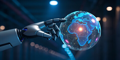 Cybernetic hand touching holographic globe in futuristic abstract glowing digital technology design
