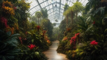 Lush greenhouse pathway