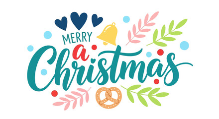 Merry christmas text with hearts bell and pretzel design on transparent background