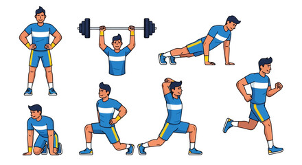 vector illustration of a man Cartoon fitness man character set