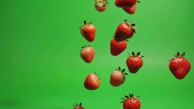 Fallende Erdbeeren auf gr&uuml;nem Hintergrund &ndash; Chroma Key Greenscreen Video