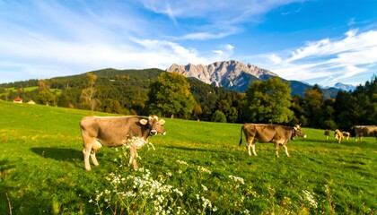 Fototapeta premium Cows grazing in a meadow, mountains in the background