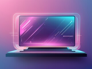 Futuristic laptop with a glowing neon interface displaying abstract data streams. A conceptual illustration of advanced digital technology and virtual innovation