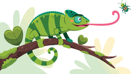 Cartoon chameleon, jungle branch, insect hunt, green reptile, vector animal, colorful illustration, curled tail, long tongue, stock image, nature scene