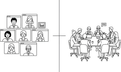 Illustration depicting a split between virtual meeting and in person meeting with diverse individuals