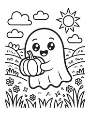 Kawaii Halloween Coloring Book Pages For Kids,  Vectors Illustration, Line Art, Black & White Designs, Bold-Easy, A4 Size 8.5x11