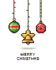 Pixel art Christmas decorations elements postcard. Christmas bauble toys. 