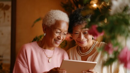 Two women enjoying a joyful moment together while using a tablet in a cozy, warmly lit indoor setting