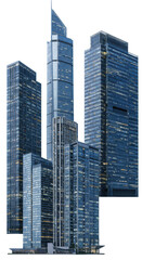 Modern commercial skyscrapers and buildings with diverse architectural styles, clean lines, subtle internal illumination, isolated on transparent, concept of urban development and economic growth