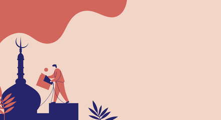 Man actively contributing to community or charitable efforts near a mosque, symbolizing giving, faith, and religious holiday traditions.