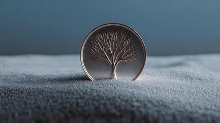Close-up of a silver coin with a tree design on it. the tree is in the center of the coin and is facing towards the right side of the image.