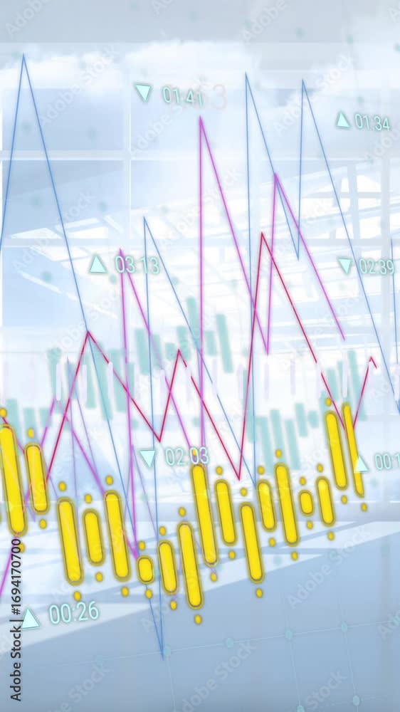 Wall mural animation of graphs and charts processing data over sunny room and cloudy sky