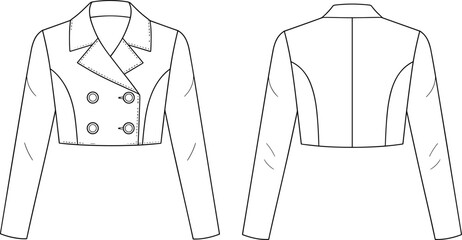 Cropped double-breasted jacket fashion illustration, technical sketch front and back view, garment design, tailoring details, princess seams, stylish outerwear © Amit World