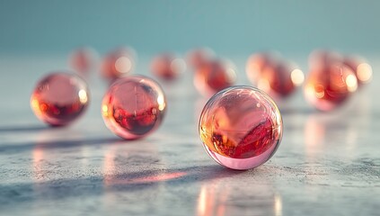 Close-up view of several translucent, rose-colored spheres resting on a light-gray surface, showcasing subtle reflections and a shallow depth of field.