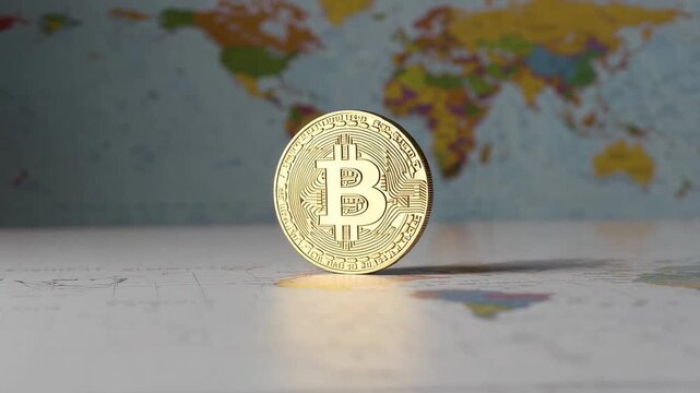 Spinning golden bitcoin, revealing metallic surface details while gliding over soft focused world map, symbolizing borderless cryptocurrency transactions and global financial transformation
