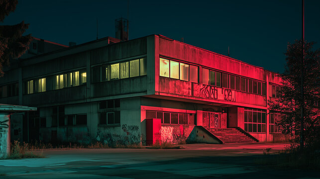 Deserted industrial building at night illuminated with eerie red and green light, covered in graffiti and decay.