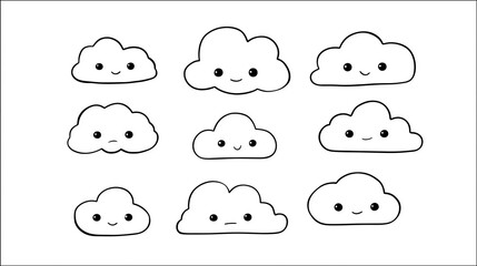 Set of Hand-drawn kawaii cloud doodle with adorable face expressions in playful cartoon style