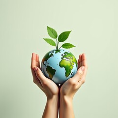 Hands holding globe with green plant sprout