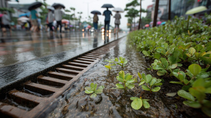 Obraz premium Person walking with umbrella on permeable pavement path.