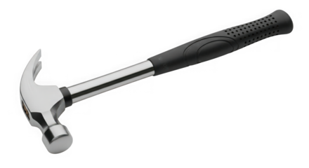 Classic claw hammer with reflective metal head and textured black grip isolated on black for tool collection and diy projects transparent background