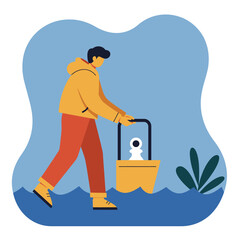 Person navigating water with a cart containing a chess pawn, illustrating strategic planning, progress, and overcoming obstacles.