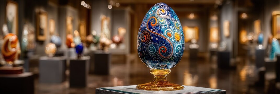 Ornate glass egg on pedestal in art gallery