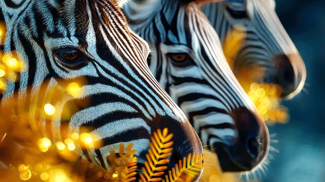 Close-up of zebra face with striking black and white stripes against golden foliage in warm sunlight