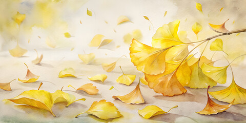 Yellow ginkgo leaves falling on ground in seasonal autumn eco natural outdoor scenic design
