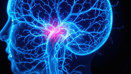 Brain activity visualization in vibrant blue with a focal point of neural activity for medical presentations