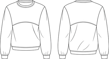 Sweatshirt, crew, neck, long, sleeve, fashion, sketch, technical, drawing, apparel, design, ribbed, hem, cuffs, seam, detail, front, back, garment, template