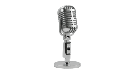 A classic silver vintage studio microphone with a round base and adjustable arm on a transparent isolated background with soft diffused lighting, professional audio production concept