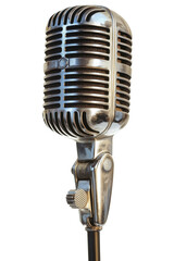 Fototapeta premium Classic retro silver microphone isolated against a deep transparent background ready for recording