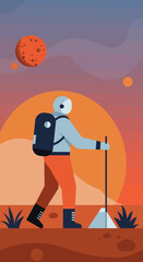 Solo explorer traverses an alien red planet, equipped with a backpack and tool, under a vast cosmic sky. Embodies space adventure and future discovery.