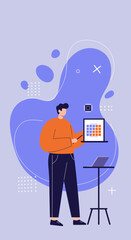 Professional man presents data analysis on a laptop, symbolizing technology, education, and strategic planning in a modern business context.