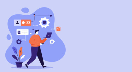 Man efficiently manages digital workflow with laptop, surrounded by system settings and data. Illustrates business process, technology, and productivity solutions.