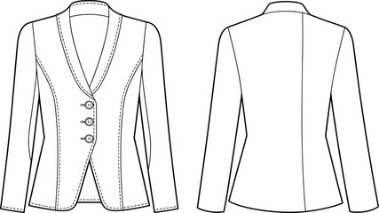 Tailored blazer flat sketch, front and back view, fashion design template, princess seams, button closure, garment construction, apparel illustration © Amit World