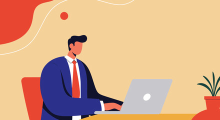 A professional businessman works diligently on his laptop at a modern office desk. Ideal for concepts of productivity, remote work, online learning, and corporate success.