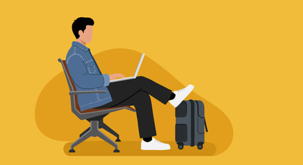 Man working on laptop with luggage, symbolizing productive remote work while traveling or waiting in an airport lounge. Ideal for travel, business, and lifestyle themes. © Vectorzone