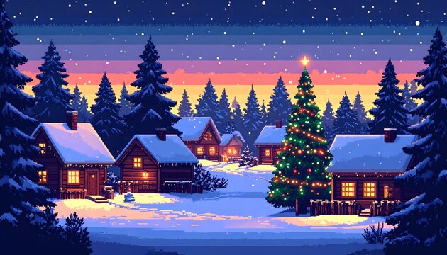 A cozy pixel art Christmas village at night with a decorated tree under a starry sky. - Powered by Adobe