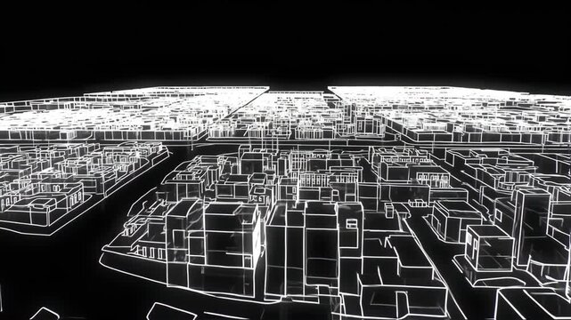 High-angle view of a city, outlined in white lines on a black background