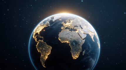 Obraz premium A stunning view of Earth from space, showcasing illuminated continents against a starry background, highlighting the beauty of our planet.