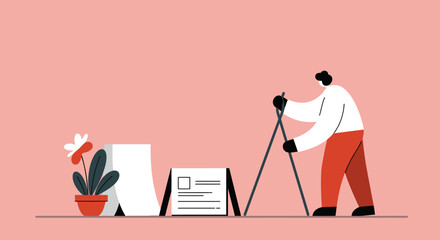 Illustration of a person with walking poles next to a calendar and plant, symbolizing active planning, personal growth, or a healthy work-life balance.