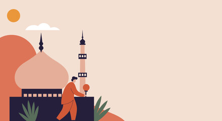 Minimalist illustration of a mosque with a minaret and a person, evoking themes of spirituality, culture, and travel.