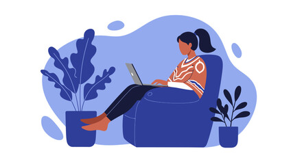 Young woman comfortably works on her laptop from a cozy armchair at home. Ideal for remote work, freelancing, and digital lifestyle concepts.