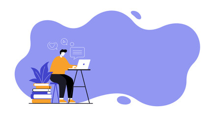 Person working productively on a laptop with books and a plant, symbolizing remote work, online learning, and digital communication. Perfect for business, education, and modern lifestyle.
