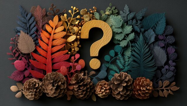 Colorful, decorative foliage and pinecones surround a question mark