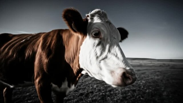 Majestic Brown and White Cow Stands Proudly in a Vast, Grassy Field Under a Dramatic Sky