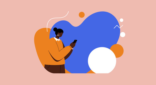 African American woman engaging with her smartphone on a vibrant abstract background. Represents digital communication, social media, and technology usage in modern life.