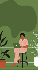 A person in comfortable pajamas works diligently on a laptop from a serene home office with green decor and plants, symbolizing remote work, comfort, and productivity.