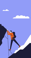 A determined climber ascends a rugged mountain peak under a clear blue sky, symbolizing ambition, achievement, and overcoming challenges. Ideal for adventure, business, or lifestyle content.
